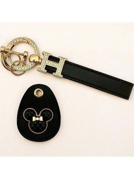 Accessories - Black Leather Minnie Mouse with Wrist Strap Gold Key Fob Keychain Bag Charm
